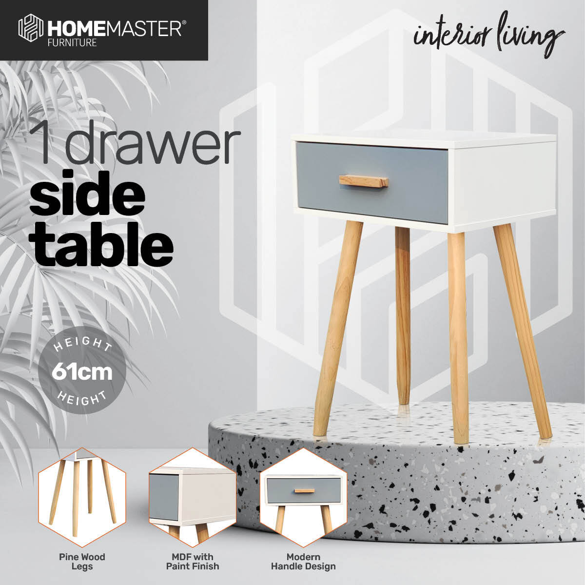 Home Master 1 Drawer Side Table Sleek Modern & Stylish Neutral Design 61cm Deals499