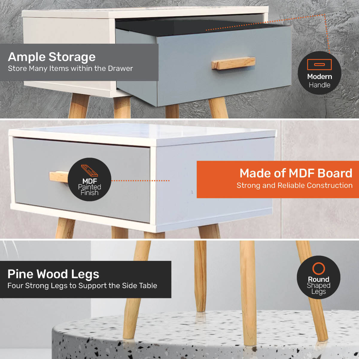 Home Master 1 Drawer Side Table Sleek Modern & Stylish Neutral Design 61cm Deals499