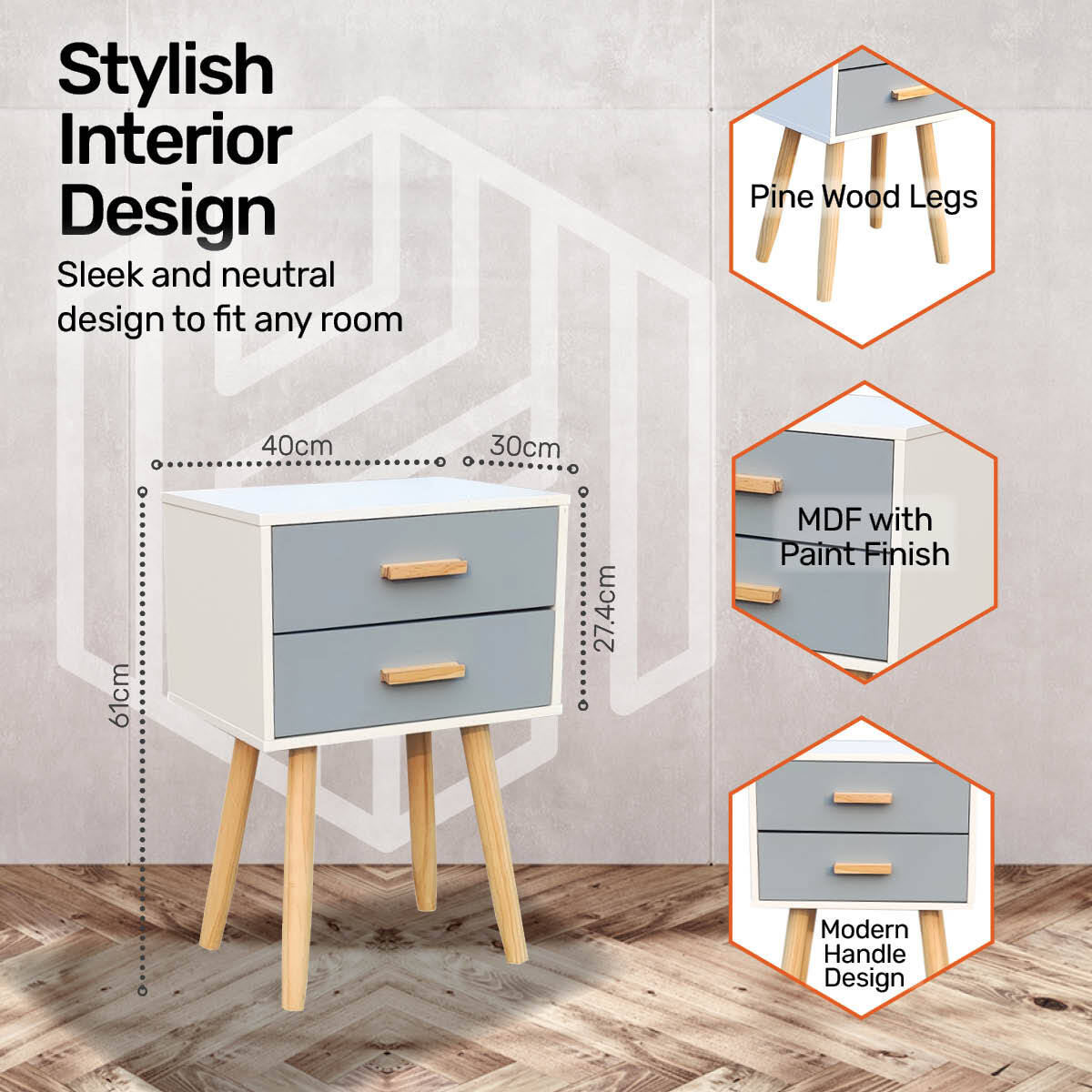 Home Master 2 Drawer Side Table Sleek Modern & Stylish Neutral Design 61cm Deals499
