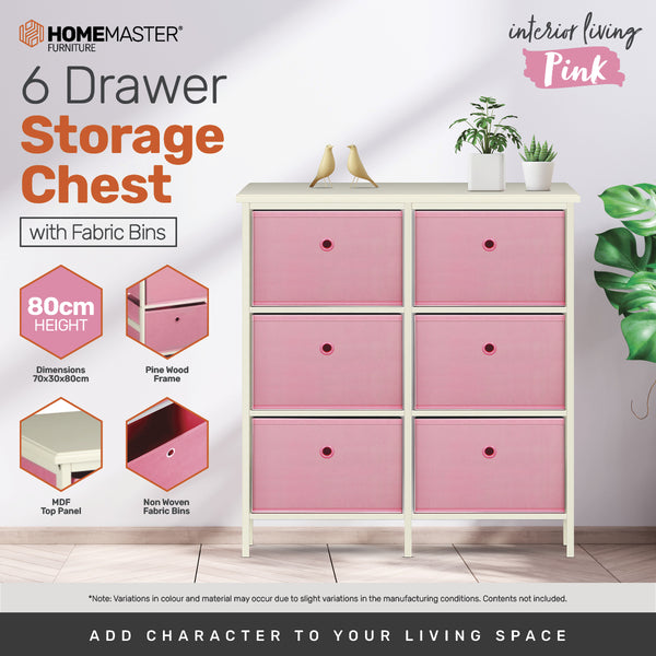 Home Master 6 Drawer Pine Wood Storage Chest Pink Fabric Baskets 70 x 80cm Deals499