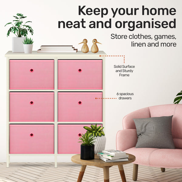 Home Master 6 Drawer Pine Wood Storage Chest Pink Fabric Baskets 70 x 80cm Deals499