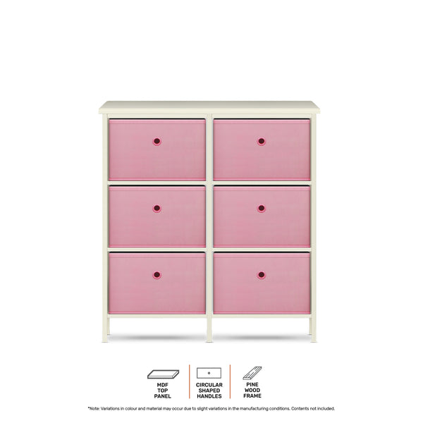 Home Master 6 Drawer Pine Wood Storage Chest Pink Fabric Baskets 70 x 80cm Deals499