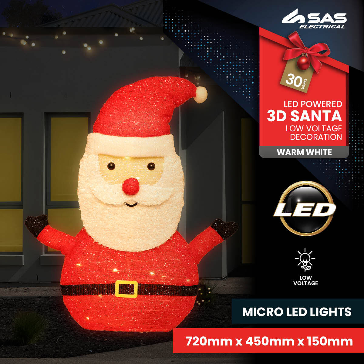 SAS Electrical 45 x 72cm 3D Santa Ornament Warm White LED Lighting Deals499