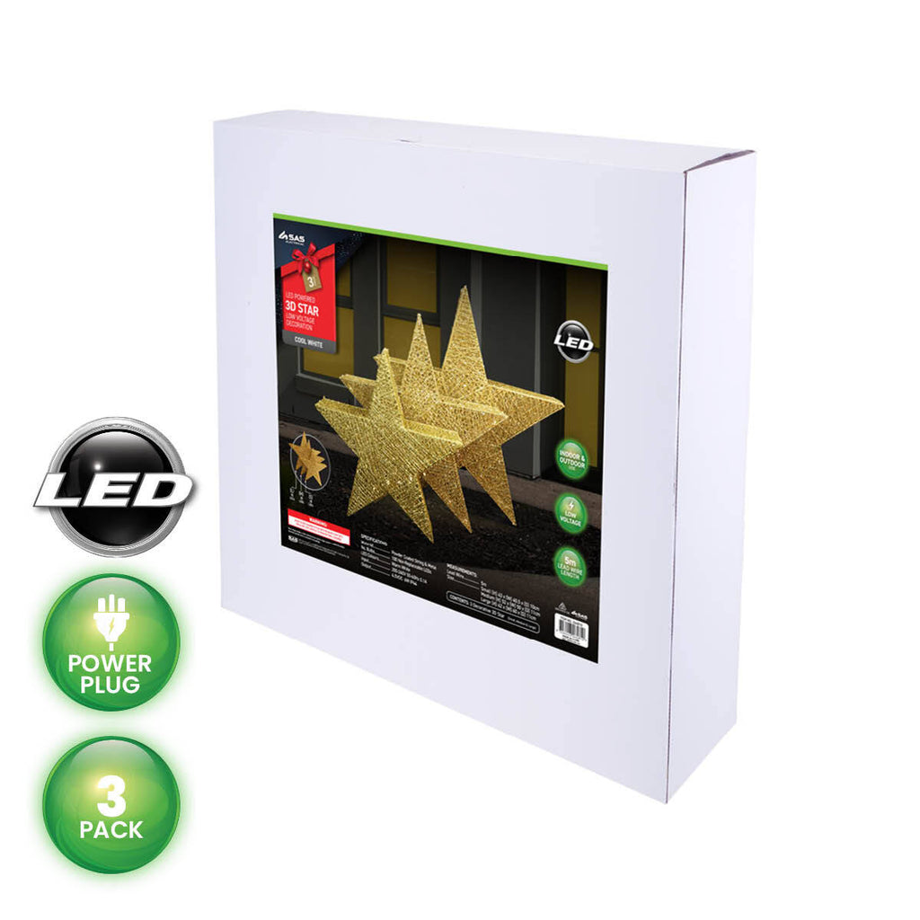SAS Electrical 3PCE 3D Gold Stars Display Various Sizes Cool White Lighting Deals499