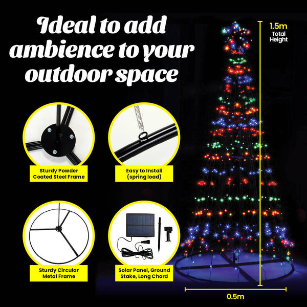 Christmas By Sas 1.5m Solar Powered Tree With Star Metal Frame 150 LED Bulbs Deals499
