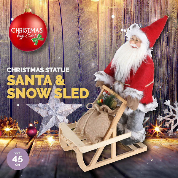 Christmas By Sas 45cm x 30cm Santa & Wooden Sleigh Decorative Statue Intricate Details Deals499