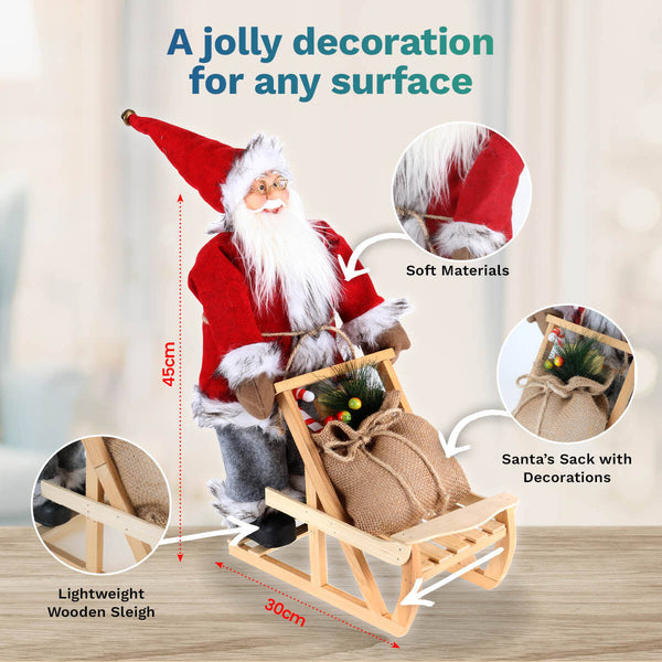 Christmas By Sas 45cm x 30cm Santa & Wooden Sleigh Decorative Statue Intricate Details Deals499