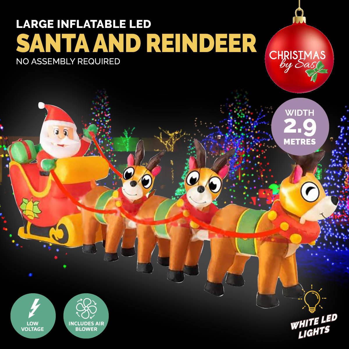 Christmas By Sas 2.9m Santa Reindeers & Sleigh Built-In Blower LED Lighting Deals499