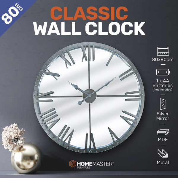 Home Master  Wall Clock Roman Numerals Stylish Mirror Face Metal Accents 80cm Deals499
