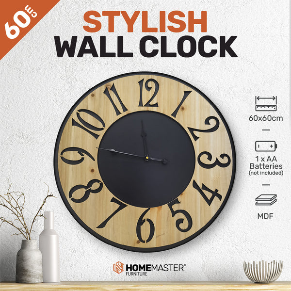 Home Master Wall Clock Wood &amp; Metal Look Stylish Design Large Numbers 60cm Deals499