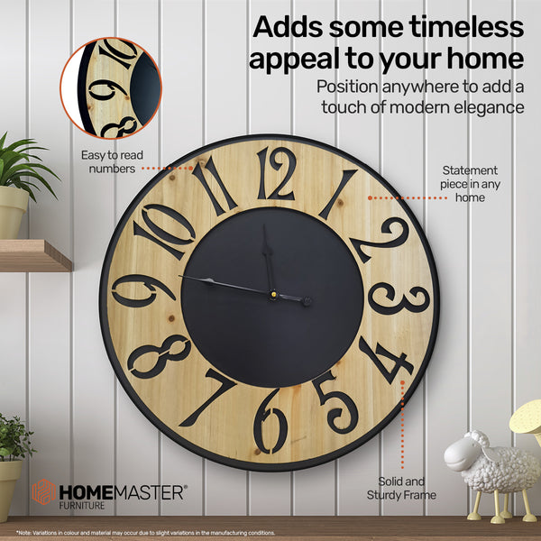 Home Master Wall Clock Wood &amp; Metal Look Stylish Design Large Numbers 60cm Deals499
