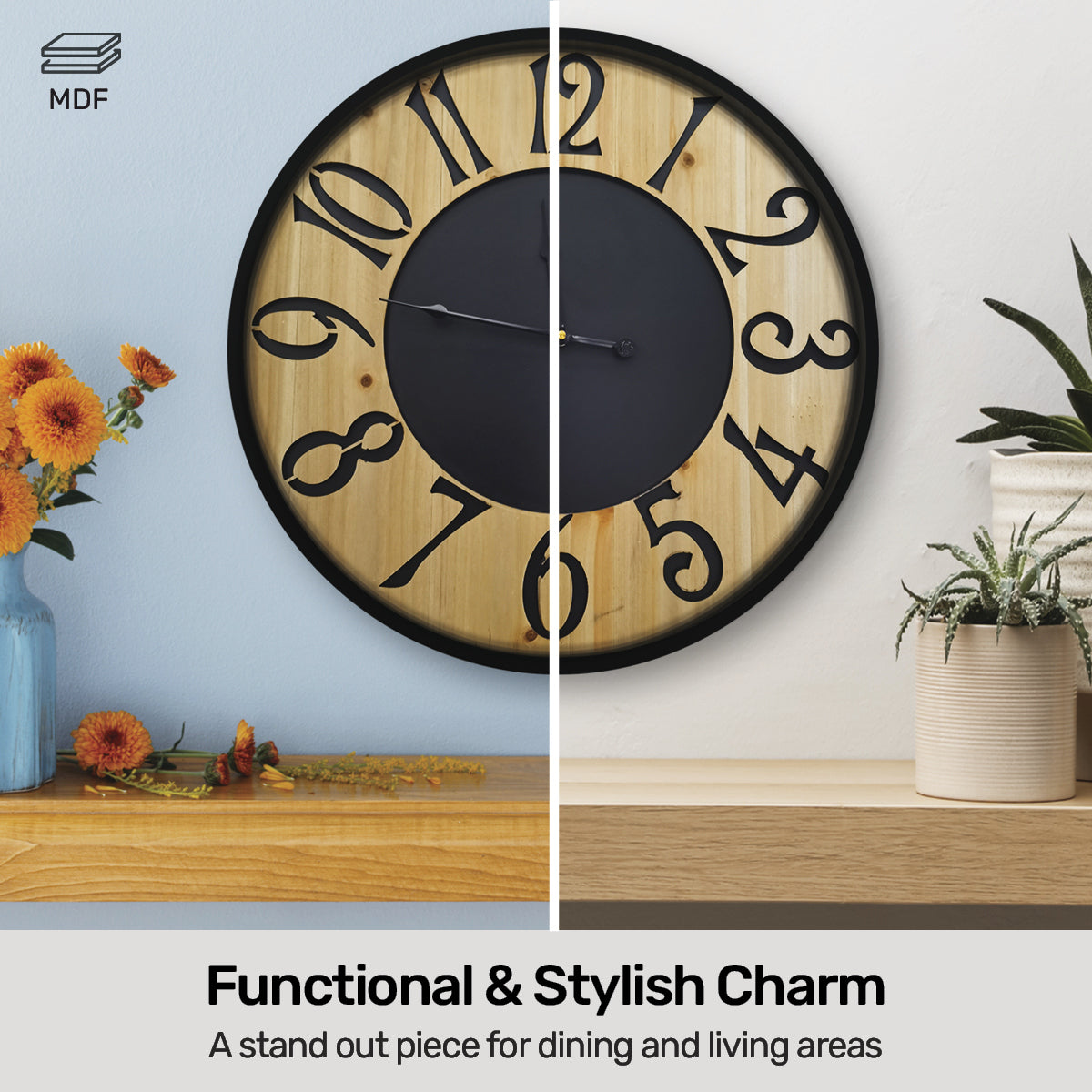 Home Master Wall Clock Wood & Metal Look Stylish Design Large Numbers 60cm Deals499