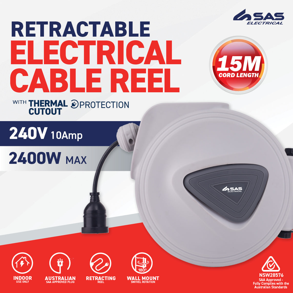 SAS Electrical 15m Retractable Electrical Cable Reel Swivel Mounting Bracket Deals499