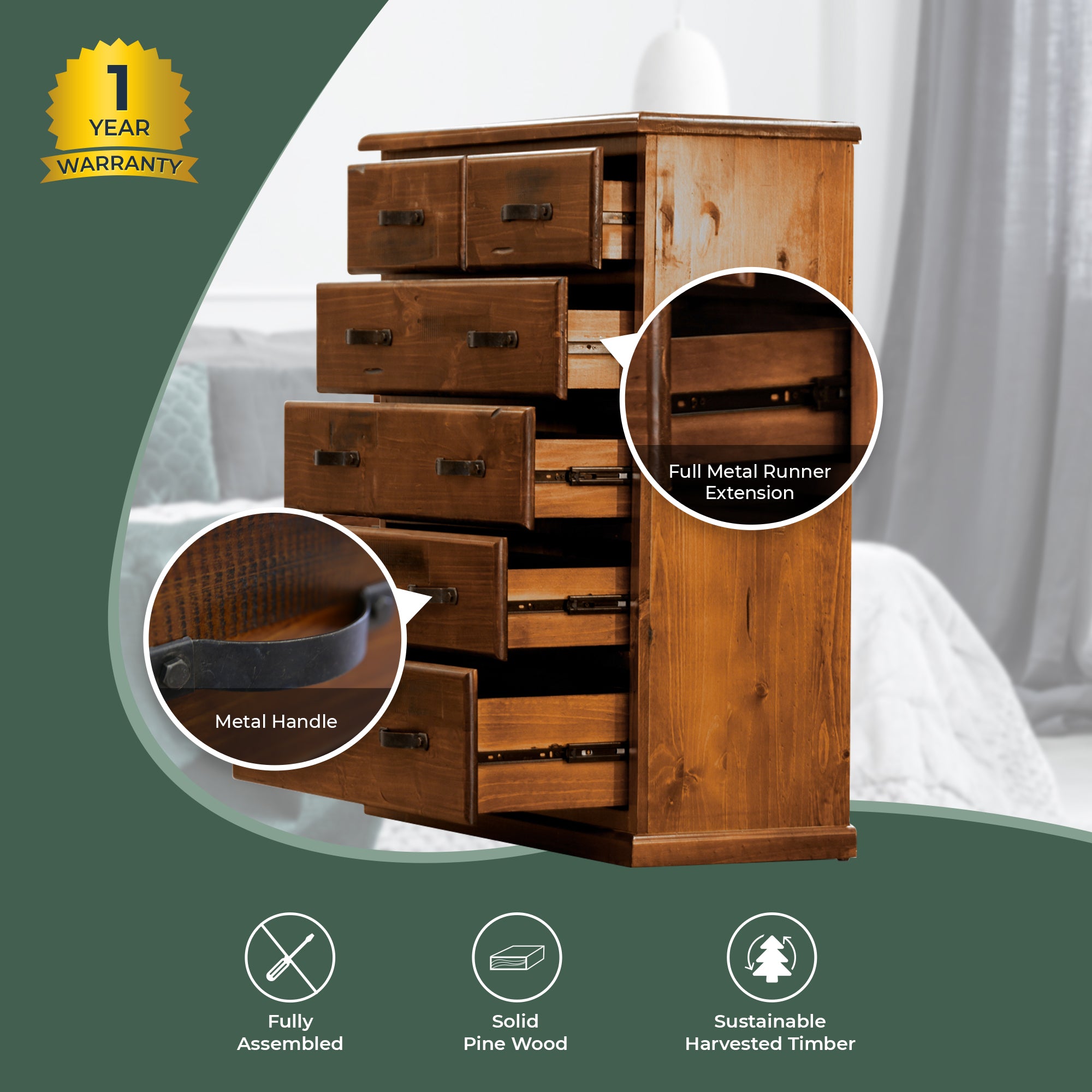 Umber Tallboy 6 Chest of Drawers Solid Pine Wood Storage Cabinet - Dark Brown Deals499
