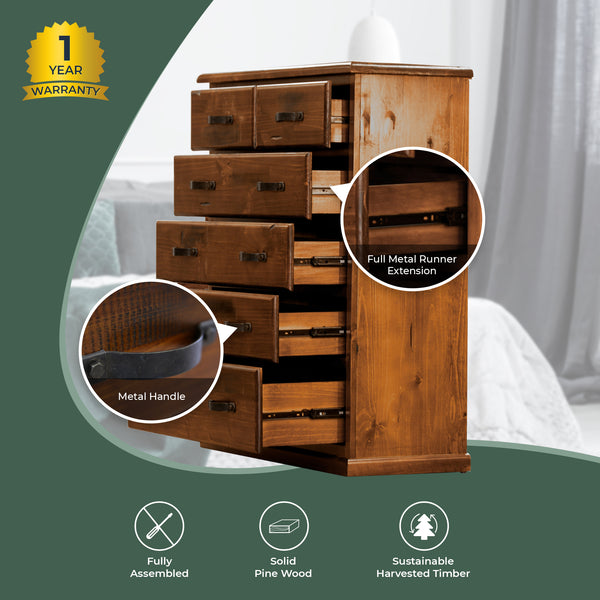 Umber Tallboy 6 Chest of Drawers Solid Pine Wood Storage Cabinet - Dark Brown Deals499