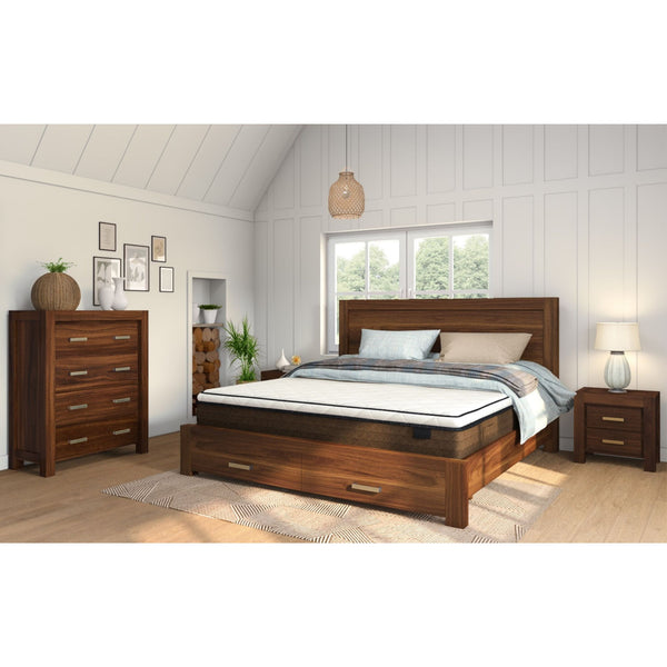 Comfortis 4pc Queen Bed Frame Suite Bedside Tallboy Furniture Package - Walnut Deals499