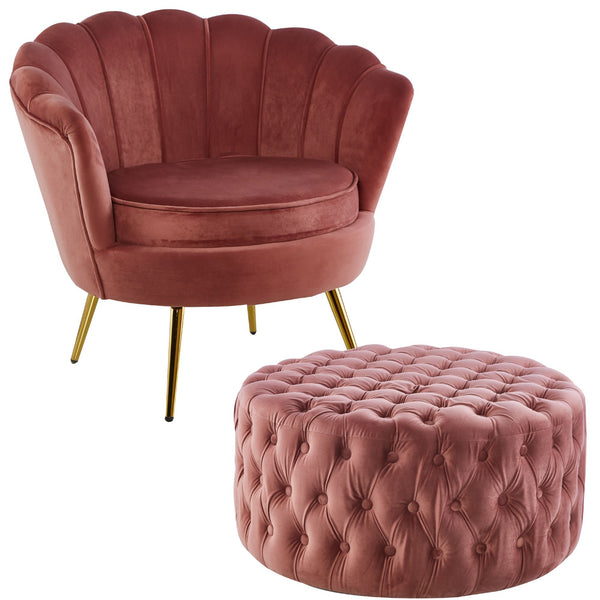 Bloomer Velvet Fabric Accent Sofa Love Chair Round Ottoman Set - Rose Pink Deals499