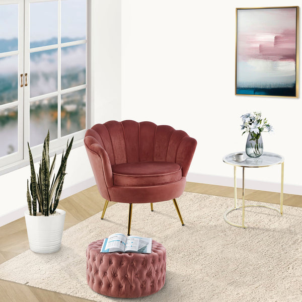 Bloomer Velvet Fabric Accent Sofa Love Chair Round Ottoman Set - Rose Pink Deals499