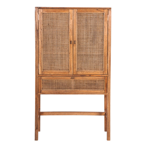 Jasmine Tall Storage Cabinet 90cm 2 Door 1 Drawer Mindi Wood Rattan - Brown Deals499