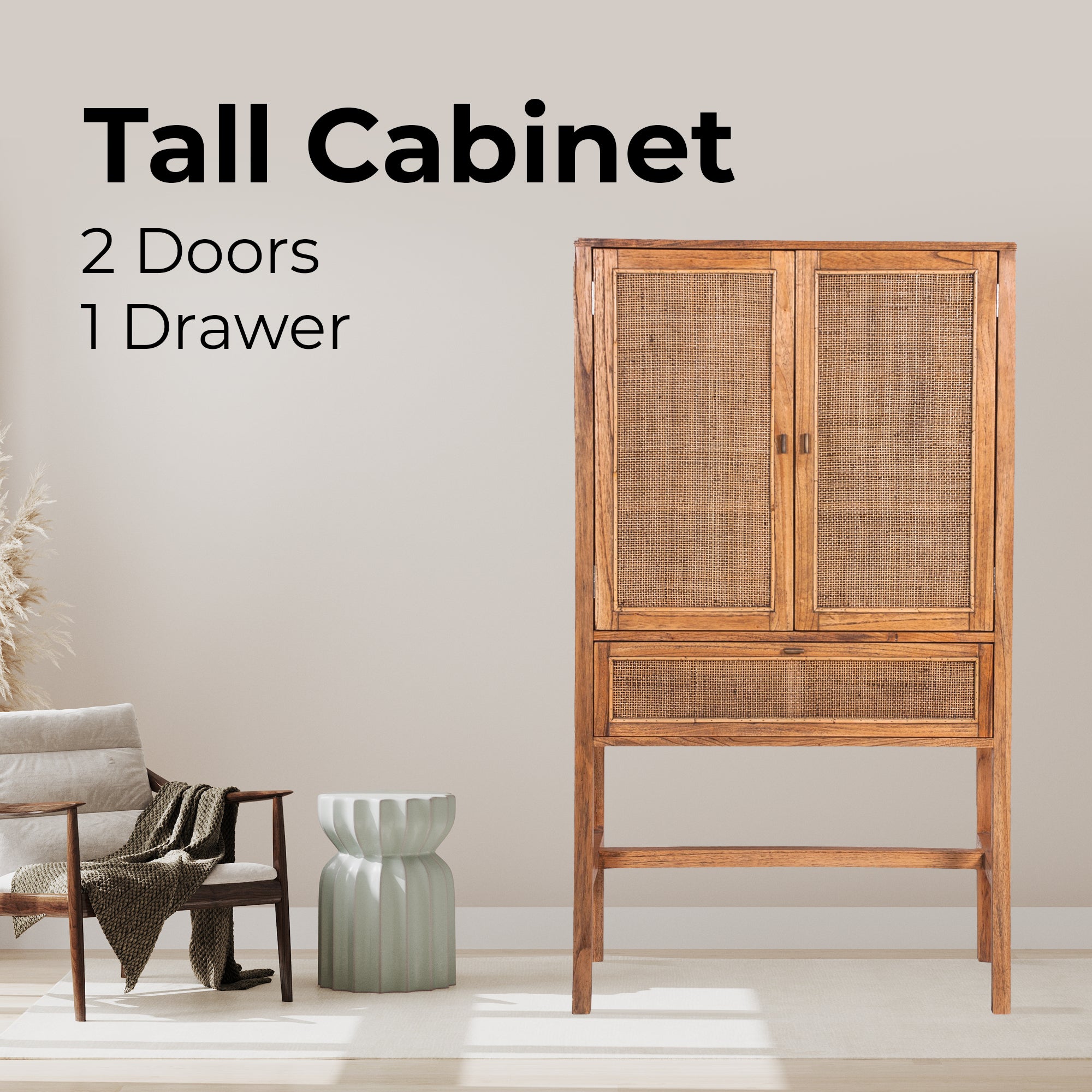 Jasmine Tall Storage Cabinet 90cm 2 Door 1 Drawer Mindi Wood Rattan - Brown Deals499