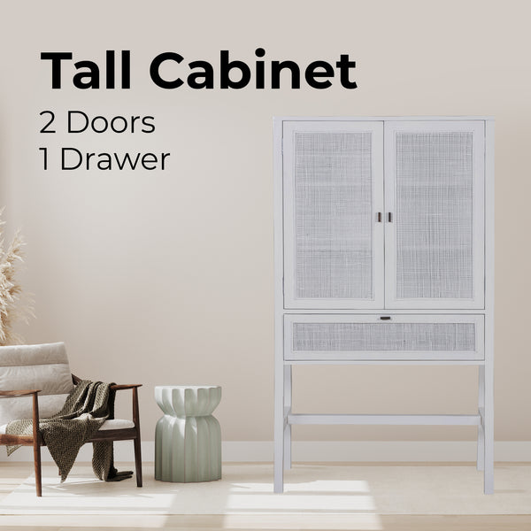 Jasmine Tall Storage Cabinet 90cm 2 Door 1 Drawer Mindi Wood Rattan - White Deals499