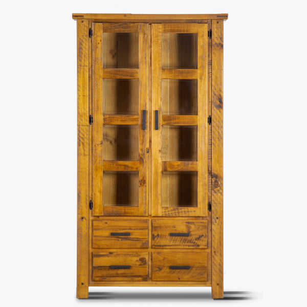 Teasel Display Unit Glass Door Bookcase Solid Pine Timber Wood - Rustic Oak Deals499