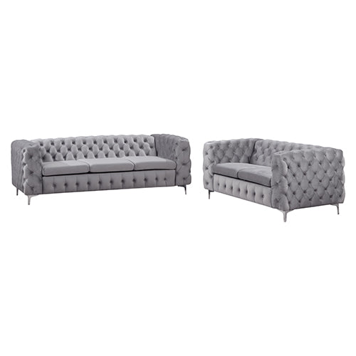 3+2 Seater Sofa Classic Button Tufted Lounge in Grey Velvet Fabric with Metal Legs Deals499