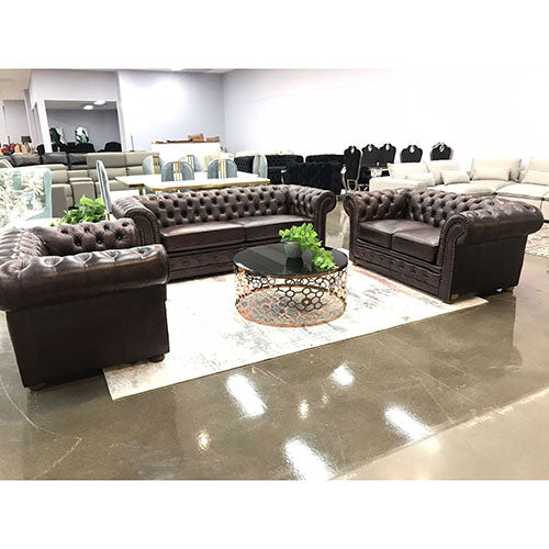 3+2+1 Seater Genuine Leather Upholstery Deep Quilting Pocket Spring Button Studding Sofa Lounge Set for Living Room Couch In Brown Colour Deals499
