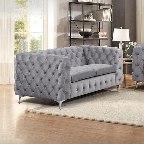 2 Seater Sofa Classic Button Tufted Lounge in Grey Velvet Fabric with Metal Legs Deals499