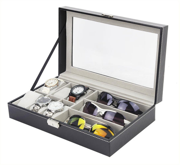 6+3 Grid Watch Sunglass Eyeglasses Display Box Case Storage Organizer PU Leather Deals499