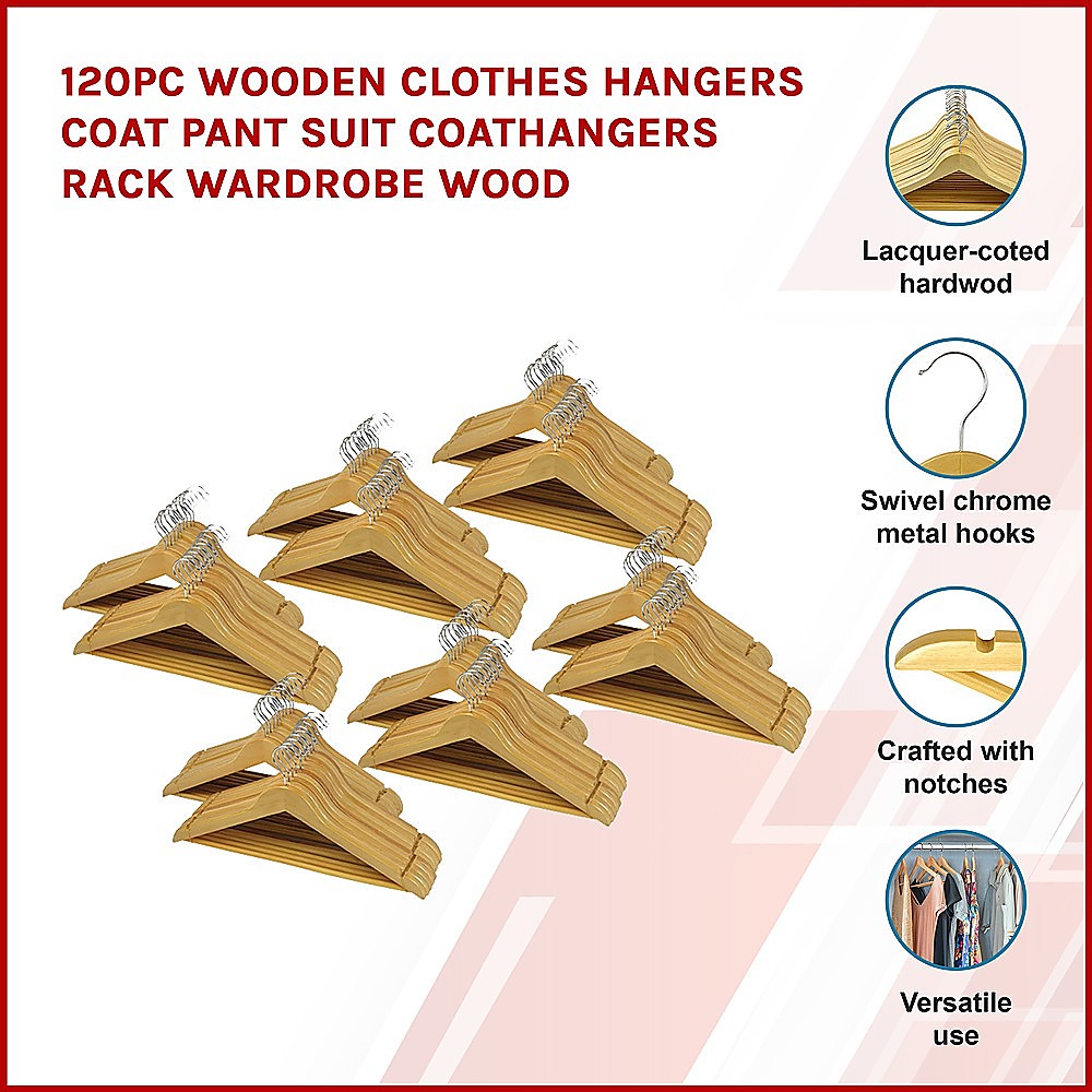 120pc Wooden Clothes Hangers Coat Pant Suit Coathangers Rack Wardrobe Wood from Deals499 at Deals499