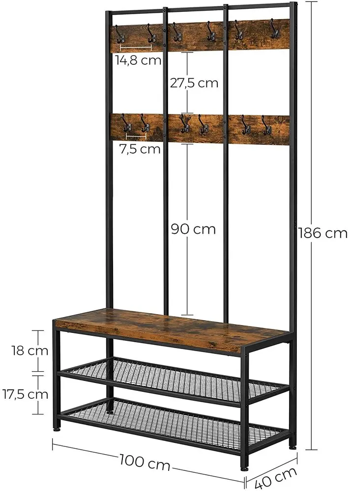 VASAGLE Large Coat Rack Stand Coat Tree with 12 Hooks and Shoe Bench Brown and Black HSR86BX Deals499