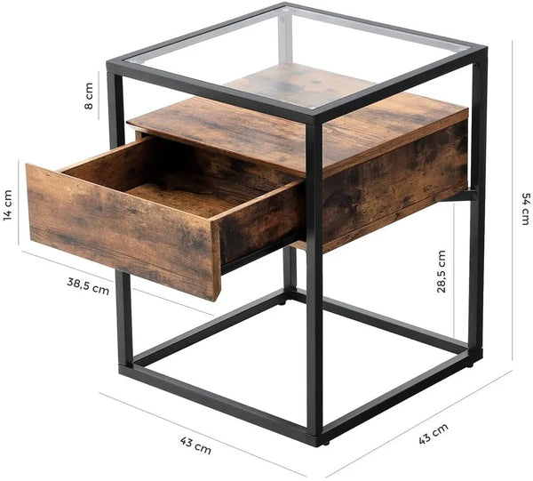VASAGLE Side Table Tempered Glass End Table with Drawer and Shelf Rustic Brown and Black LET04BX Deals499