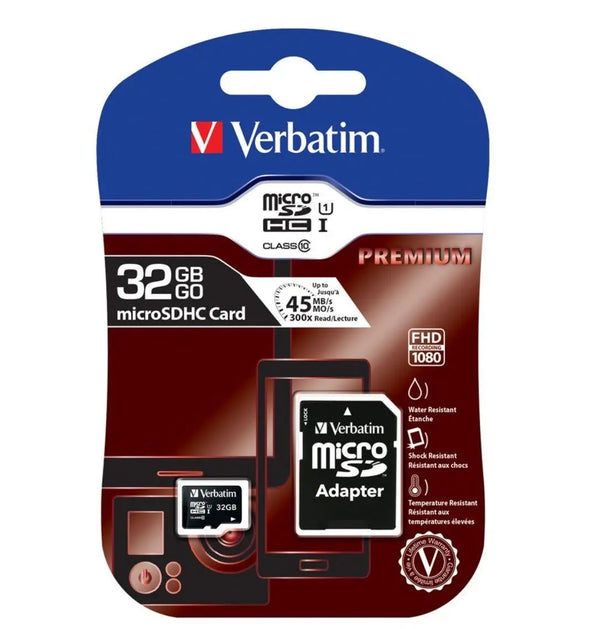 VERBATIM 32GB MicroSD SDHC SDXC Class10 UHS-I Memory Card 45MB/s Read 10MB/s Write 300X Read Speed with standard SD adaptor VERBATIM