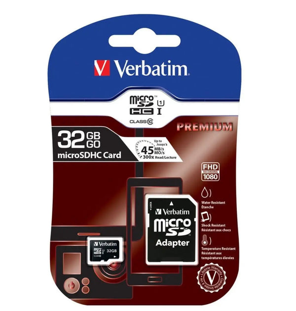 VERBATIM 32GB MicroSD SDHC SDXC Class10 UHS-I Memory Card 45MB/s Read 10MB/s Write 300X Read Speed with standard SD adaptor VERBATIM