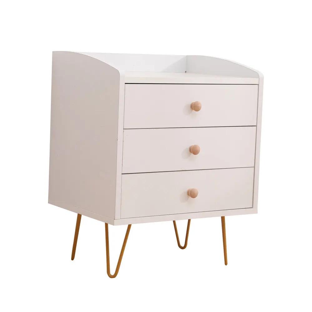 Winston 3 - Drawer Nightstand Bedside Table with Gold Steel Legs Tray Top White Deals499
