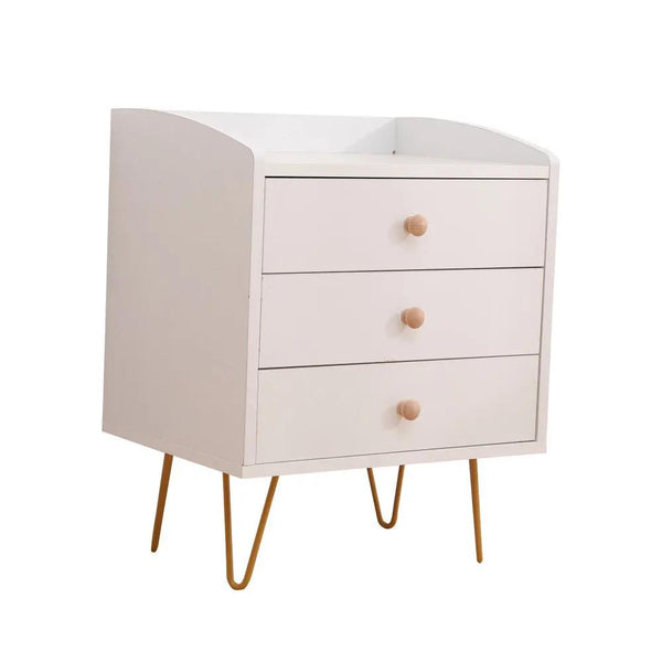 Winston 3 - Drawer Nightstand Bedside Table with Gold Steel Legs Tray Top White Deals499