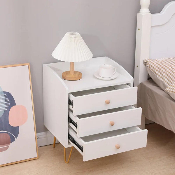 Winston 3 - Drawer Nightstand Bedside Table with Gold Steel Legs Tray Top White Deals499