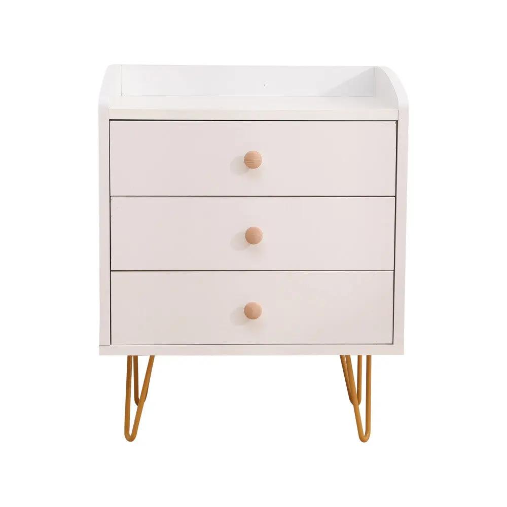 Winston 3 - Drawer Nightstand Bedside Table with Gold Steel Legs Tray Top White Deals499