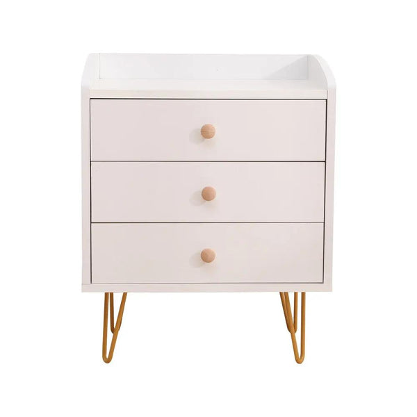 Winston 3 - Drawer Nightstand Bedside Table with Gold Steel Legs Tray Top White Deals499