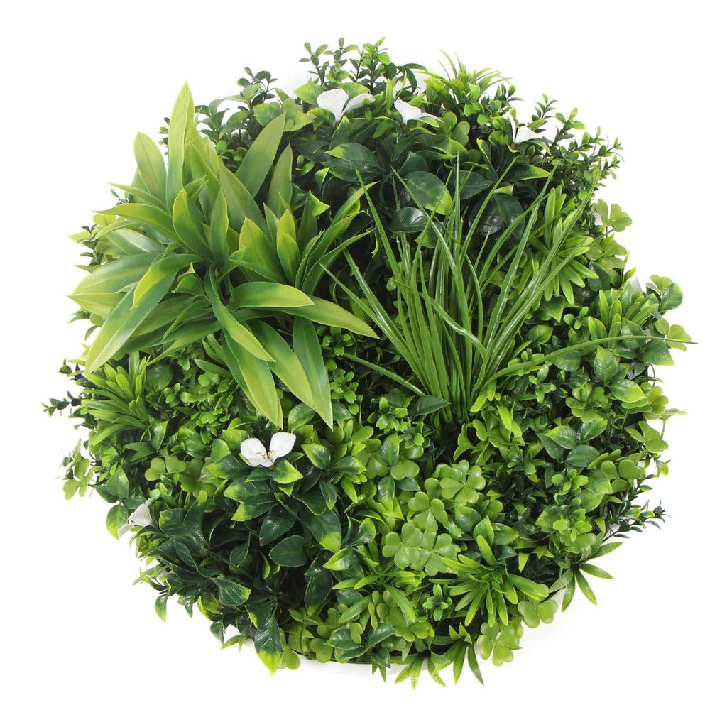 Flowering White Artificial Green Wall Disc UV Resistant 50cm (White Frame) Deals499