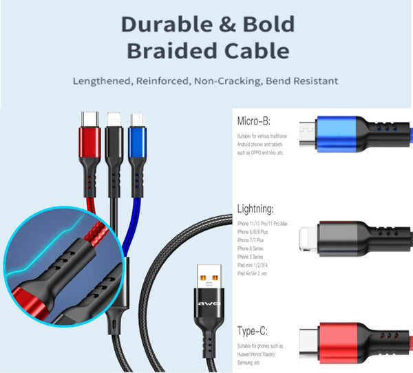 Awei 3 in 1 Charging Cable For iPhone + Type-C + Micro USB Braided Cord Deals499