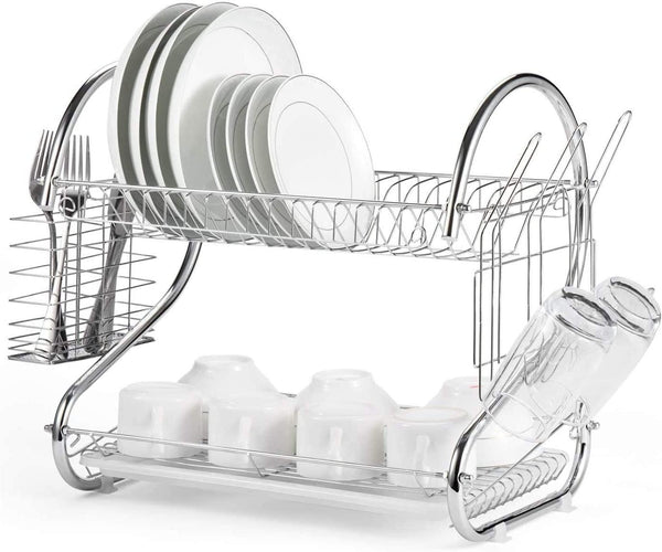 CARLA HOME 2 Tier Dish Rack with Drain Board for Kitchen Counter and Plated Chrome Dish Dryer Silver 42 x 25,5 x 38 cm Deals499