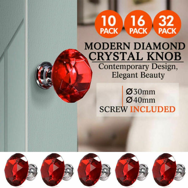 16 Pcs Red Crystal Knobs Diamond 30mm Diameter Door Cabinet Handle Deals499