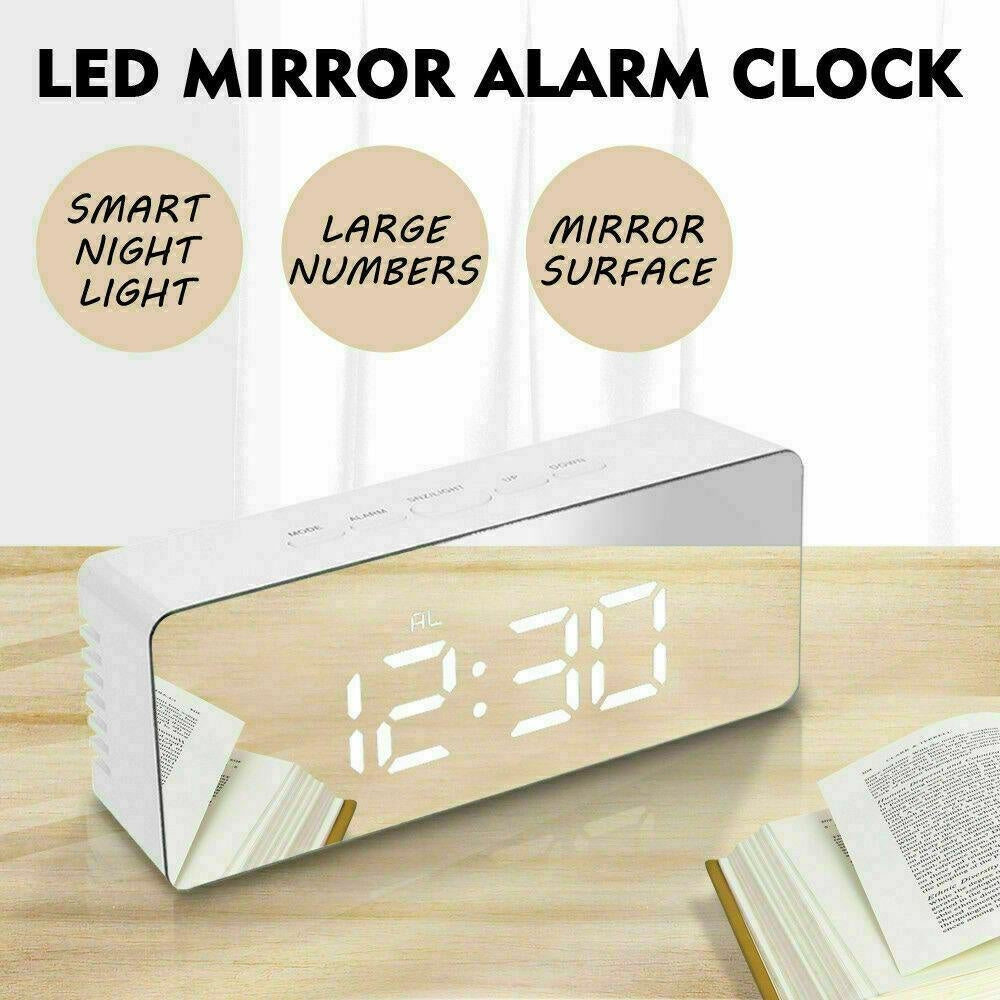 Digital LED Mirror Alarm Clock Temperature LED Light Table Time Bedside Clock AU Deals499