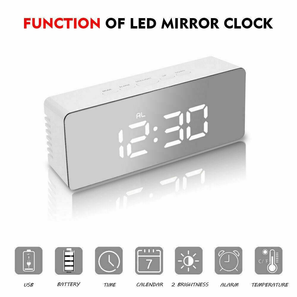 Digital LED Mirror Alarm Clock Temperature LED Light Table Time Bedside Clock AU Deals499