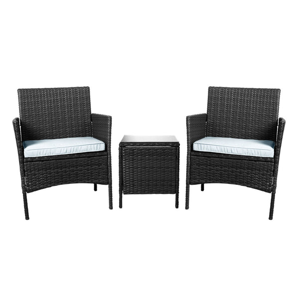Outdoor Furniture Set Patio Garden 3 Pcs Chair Table Rattan Wicker Cushion Seat Black Deals499