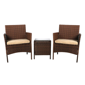 Outdoor Furniture Set Patio Garden 3 Pcs Chair Table Rattan Wicker Cushion Seat Brown Deals499