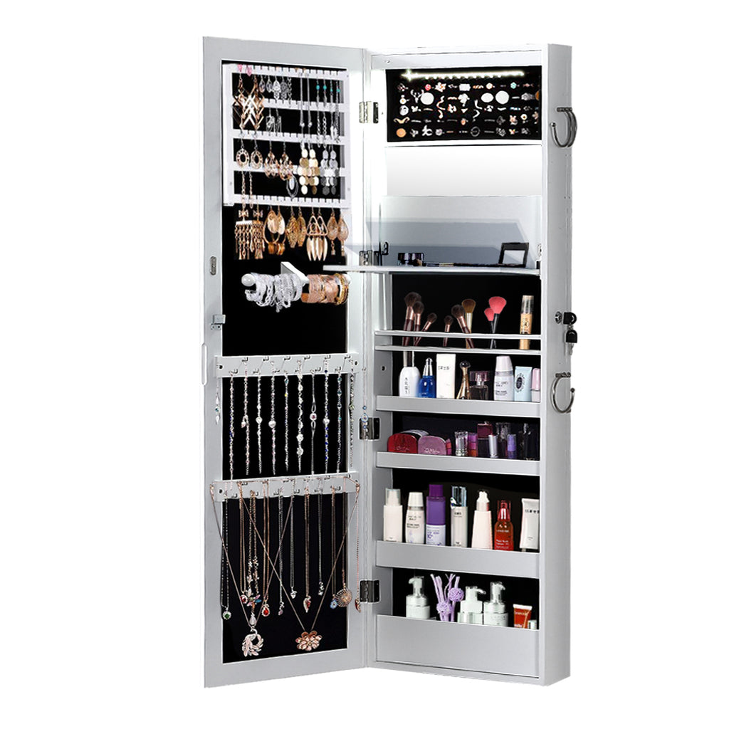 Levede Wall Mounted or Hang Over Mirror Jewellery Cabinet with LED Light White Deals499