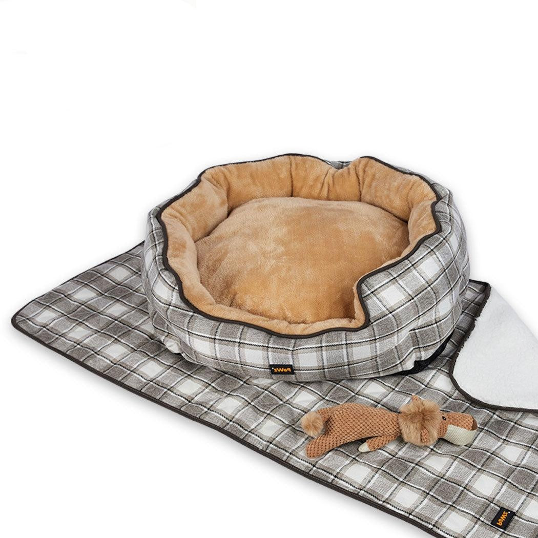 PaWz Pet Bed Set Dog Cat Quilted Blanket Squeaky Toy Calming Warm Soft Nest Checkered M Deals499